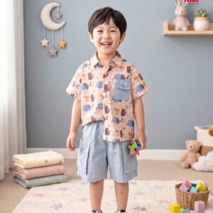 Setelan Kemeja Celana Pendek 2-6 Tahun Cute Cat Blue