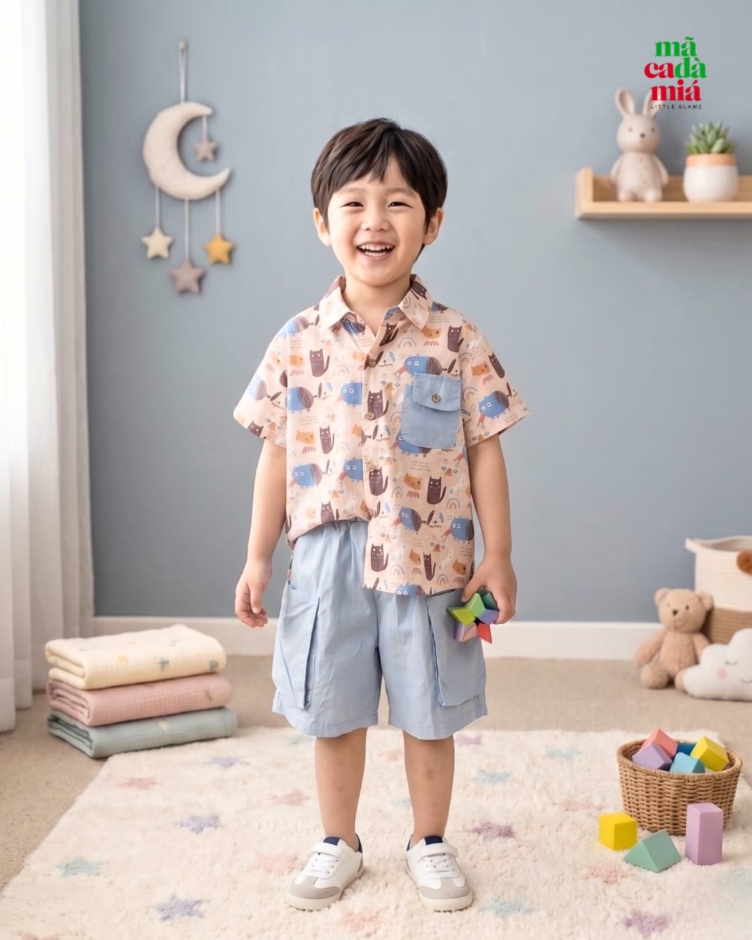 Setelan Kemeja Celana Pendek 2-6 Tahun Cute Cat Blue