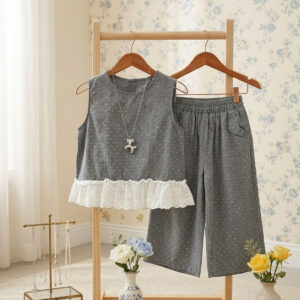 Setelan 3-7 Tahun Blouse Polka Celana Panjang Abu