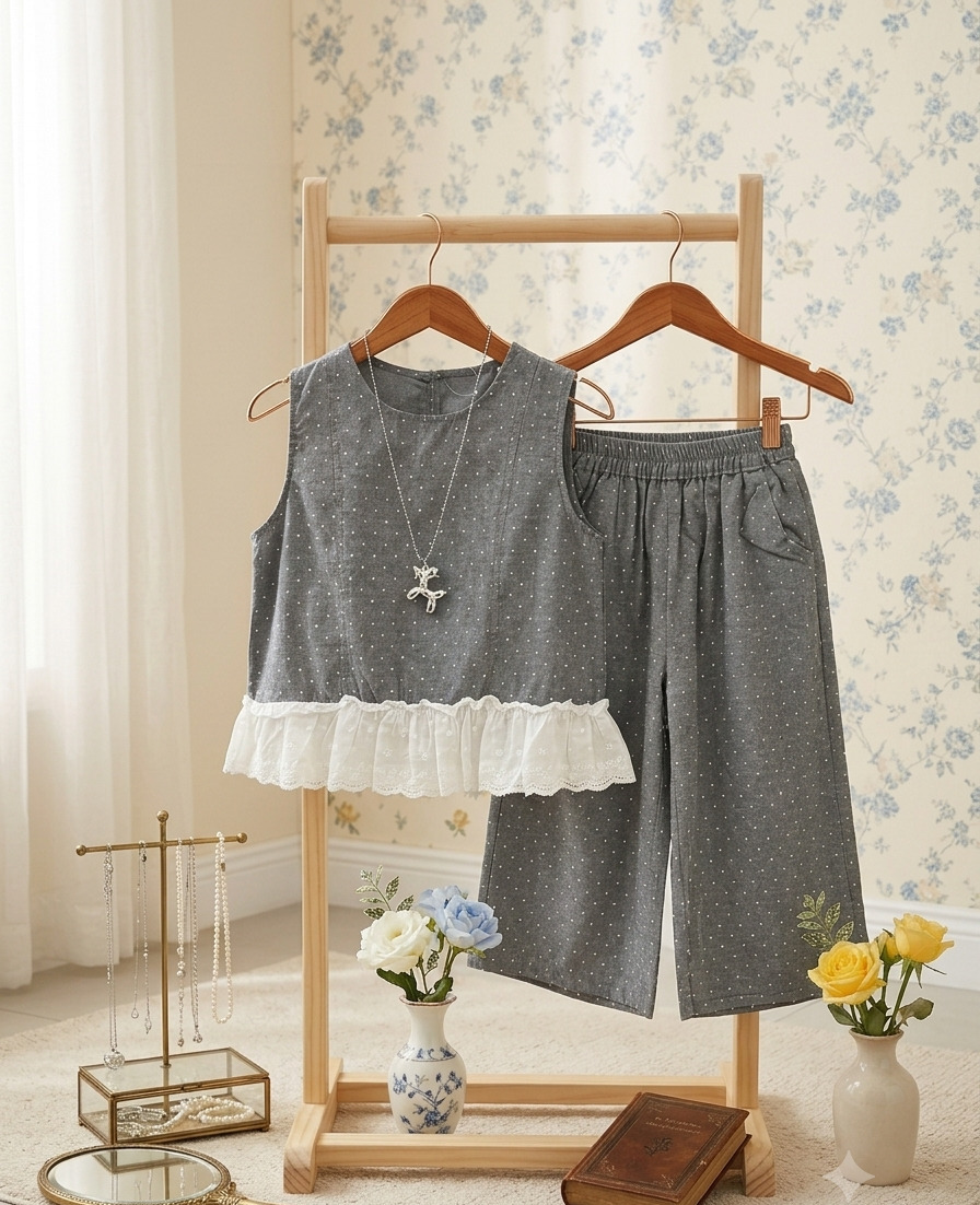 Setelan 3-7 Tahun Blouse Polka Celana Panjang Abu