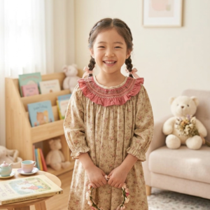 Dress 3-7 Tahun Kerah Kerut Flower Red Khaki