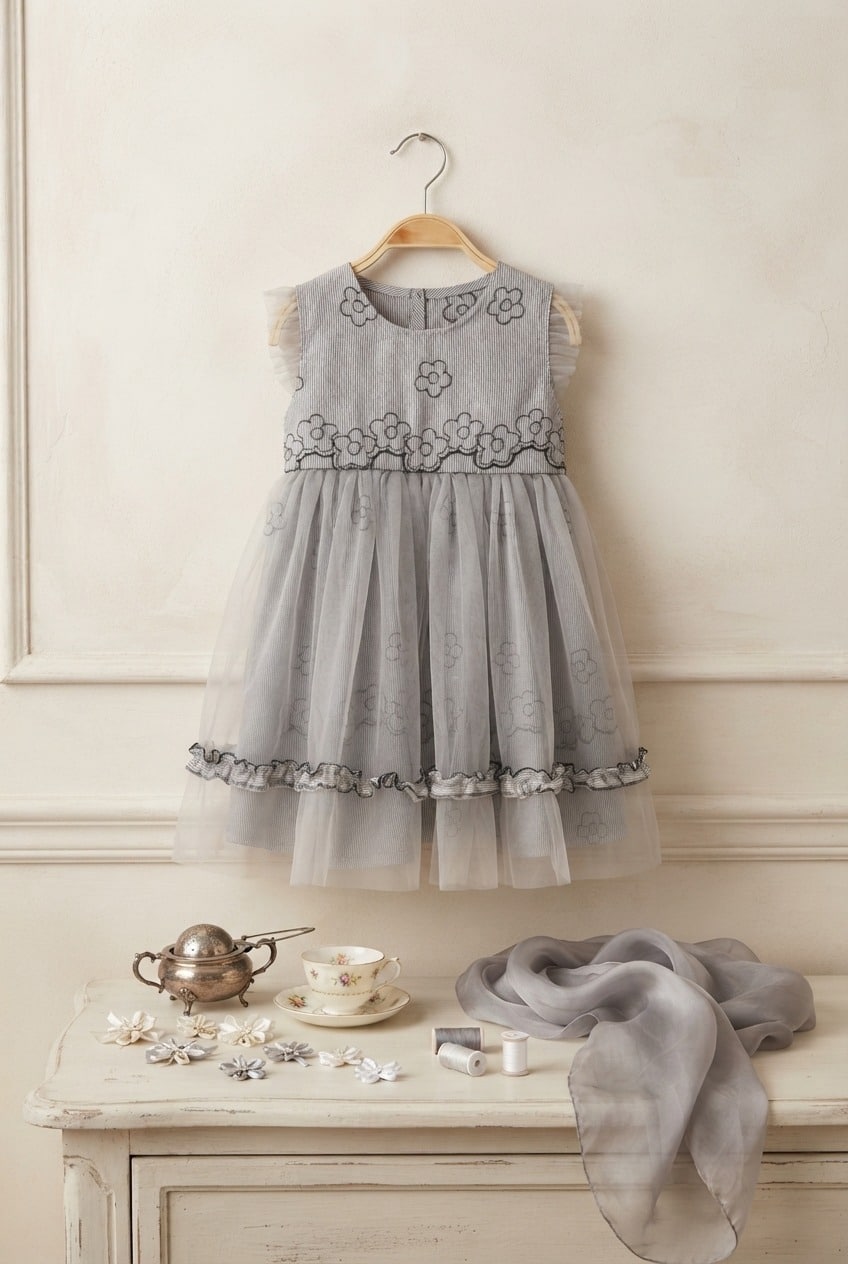 Dress 4-8 Tahun Stripe Tile Abu Flower